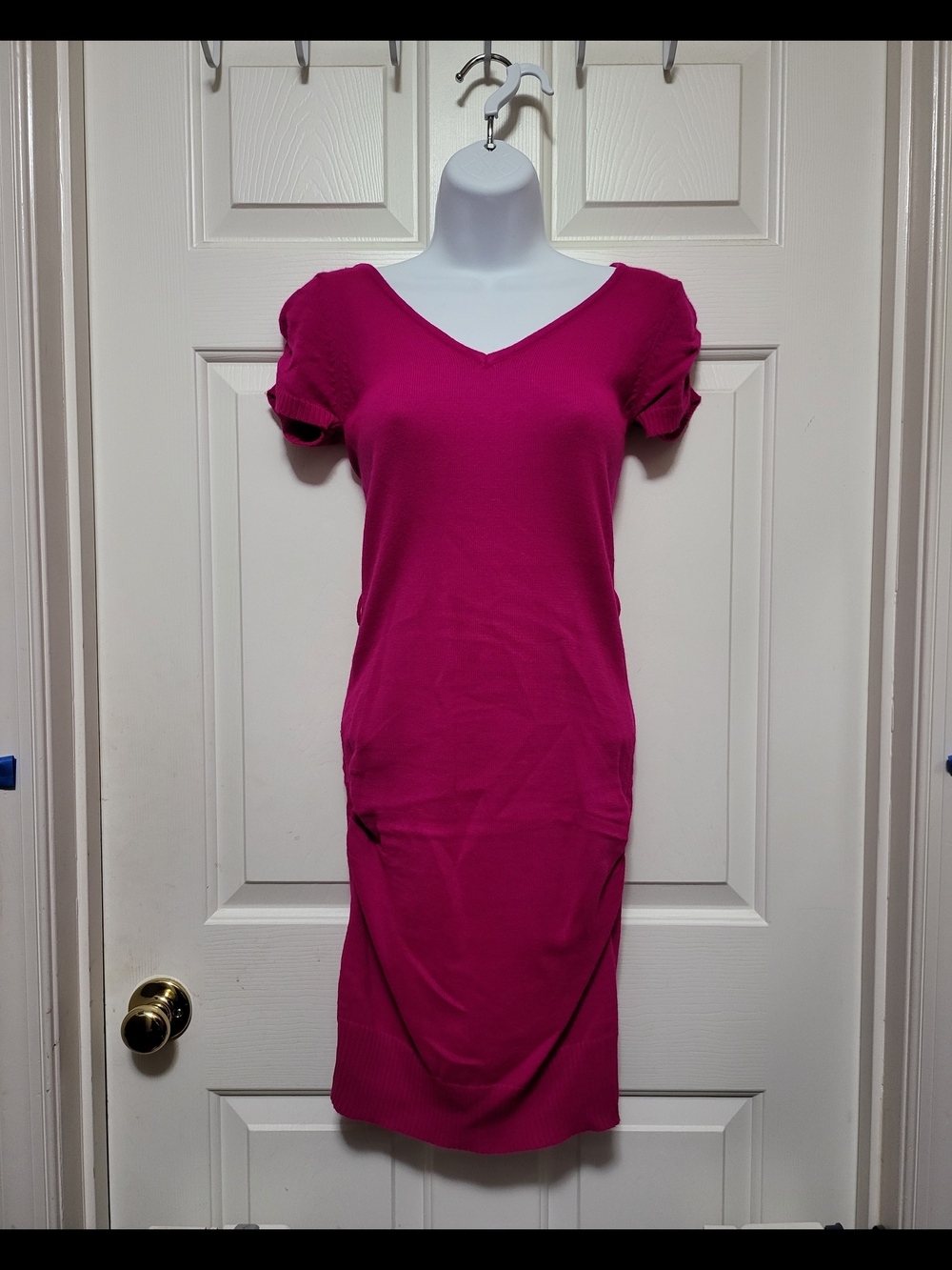 Fuchsia V-Neck Short Sleeve Midi Dress
